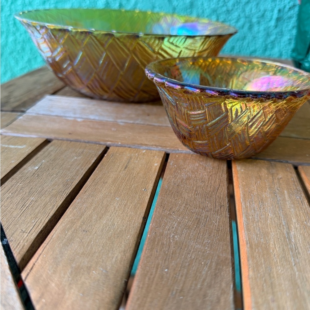 New Vintage Indiana Glass Co. Iridescent Gold Tone Glass 3-Piece Chip & Dip Set